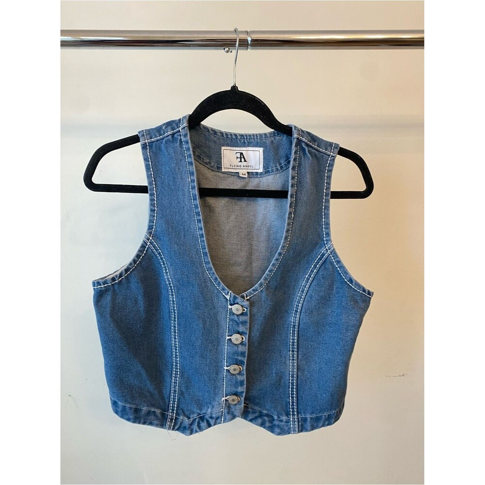 Flying Angel Blue Denim Button-Front Crop Vest